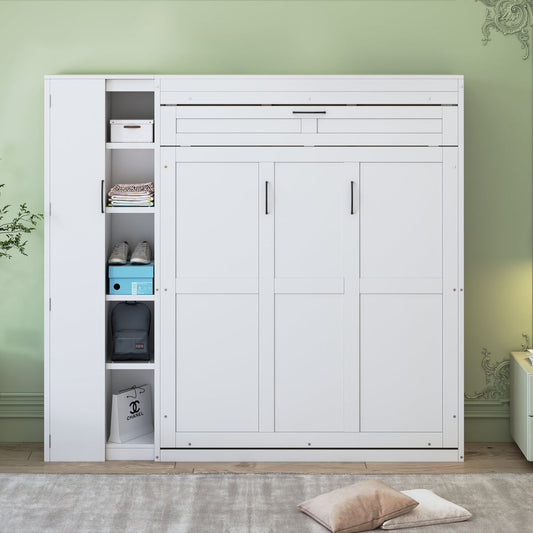 Full Size Murphy Bed Wall Bed with Shelves, Wardrobe and LED Lights,White