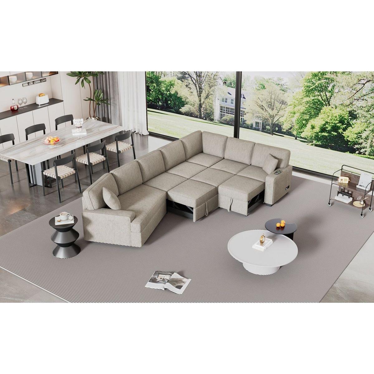 126" L-shaped Sofa Sectional Sofa Couch Pull-out Sofa Bed with Charging Devices and Cup Holders for Living Room, Beige