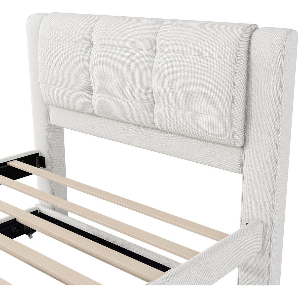 Full Size Upholstery platform bed with Trundle,Trundle can be flat or erected, Beige