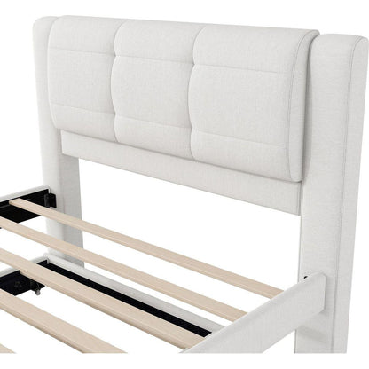 Full Size Upholstery platform bed with Trundle,Trundle can be flat or erected, Beige