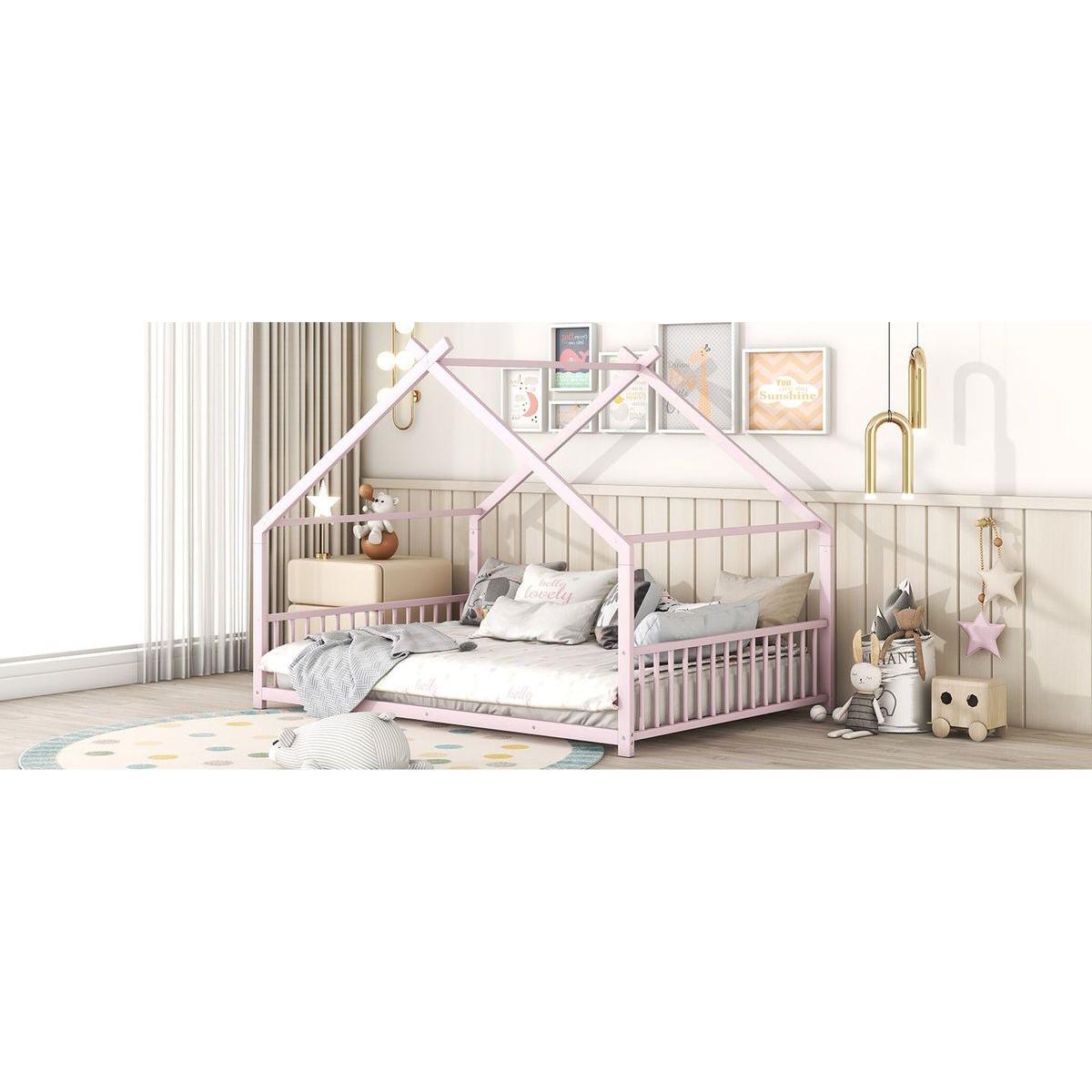 Full Size Metal House Bed, Pink