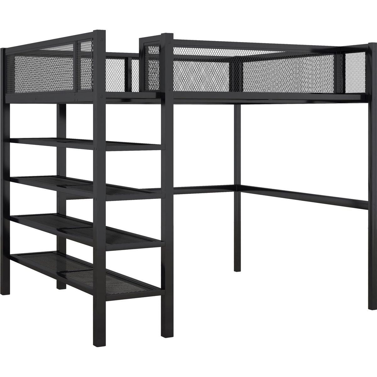 Full Size Metal Loft Bed with 4-Tier Shelves and Storage, Black
