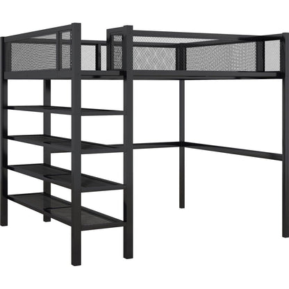 Full Size Metal Loft Bed with 4-Tier Shelves and Storage, Black