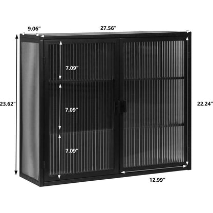 27.56"Glass Doors Modern Two-door Wall Cabinet with Featuring Three-tier Storage for Entryway Living Room Bathroom Dining Room,Black