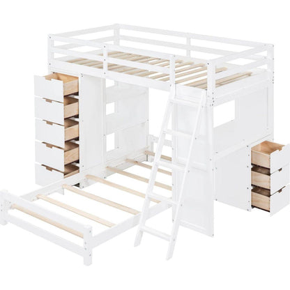 Twin over Twin Bunk Bed with LED Light and USB Ports, White