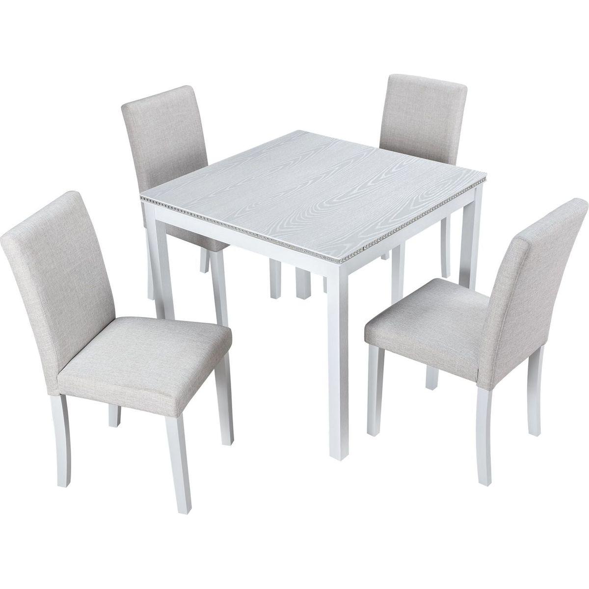 5 Piece Wooden Dining Table Set, Kitchen Table Set with a Square Table and 4 Upholstered Chairs, Wooden Dining Room Table with Crystal Decoration and Chairs Set for Kitchen, Dining Room, White