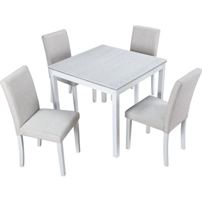 5 Piece Wooden Dining Table Set, Kitchen Table Set with a Square Table and 4 Upholstered Chairs, Wooden Dining Room Table with Crystal Decoration and Chairs Set for Kitchen, Dining Room, White