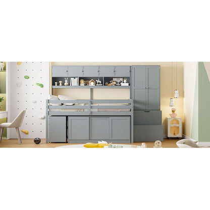 Full Size Wooden Loft Bed Big Storage with Under-bed Desk, with Drawers, with Shelves, Gray