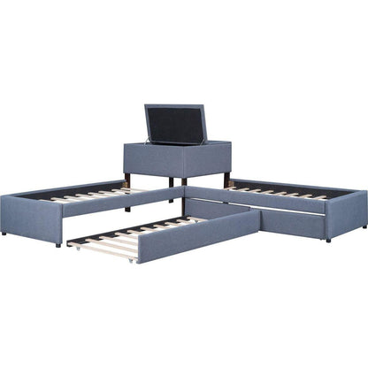 L-shaped Upholstered Platform Bed with Trundle and Two Drawers Linked with built-in Desk,Twin,Gray