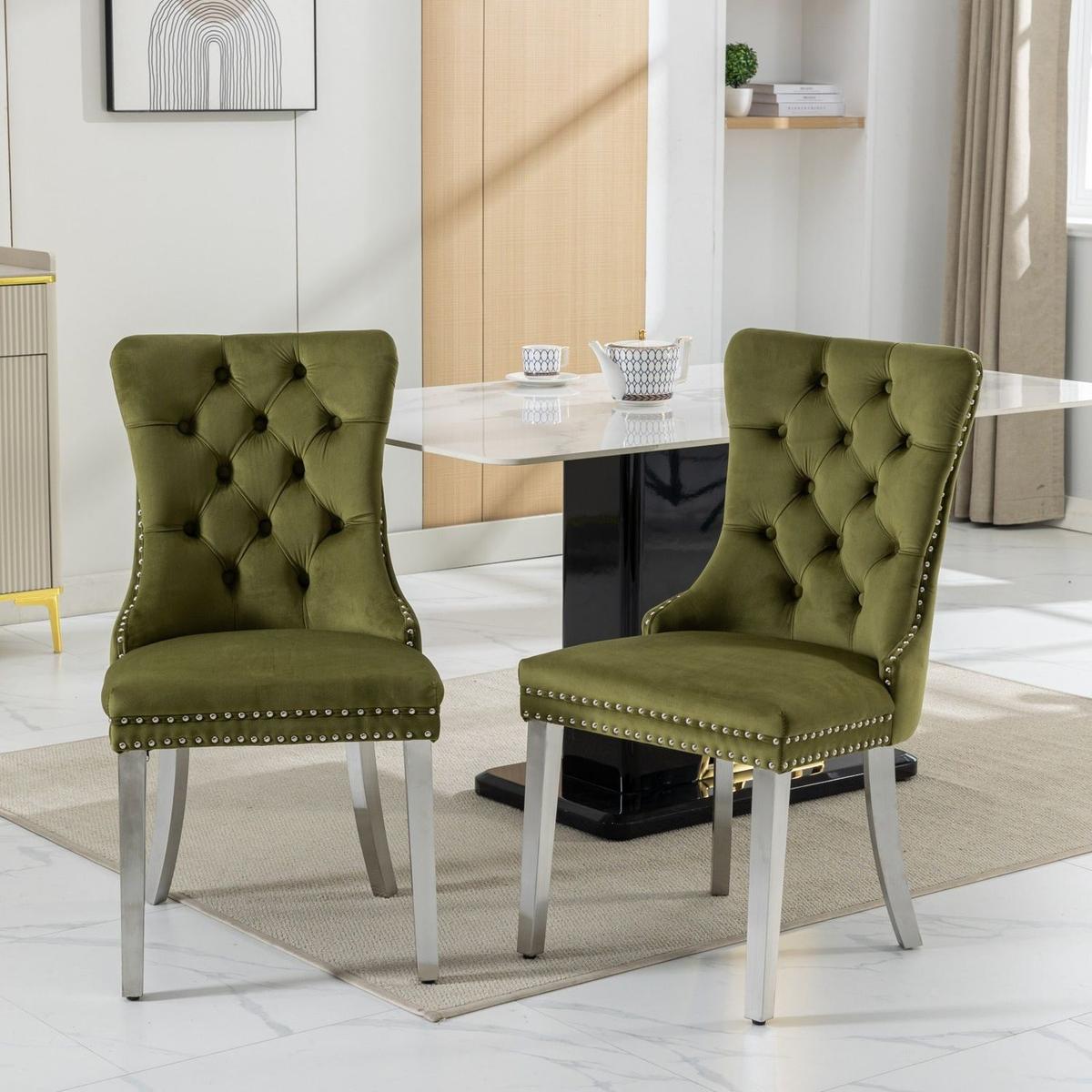 Nikki Collection Modern, High-end Tufted Solid Wood Contemporary Velvet Upholstered Dining Chair with Chrome Stainless Steel Plating Legs,Nailhead Trim,Set of 2,Olive-Green and Chrome