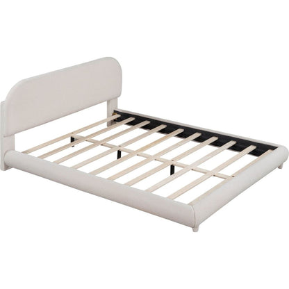 Teddy Fleece Queen Size Upholstered Platform Bed with Thick Fabric, Solid Frame and Stylish Curve-shaped Design, Beige