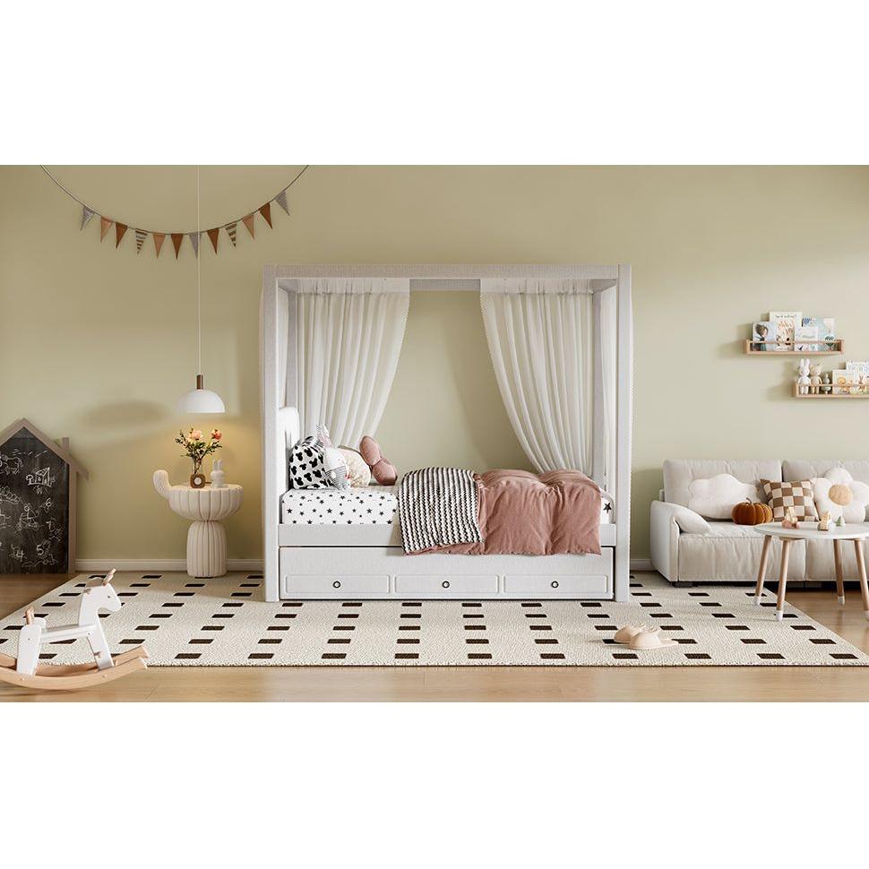 Twin Size Upholstery Canopy Platform Bed with Trundle and Three Storage Drawers, Beige
