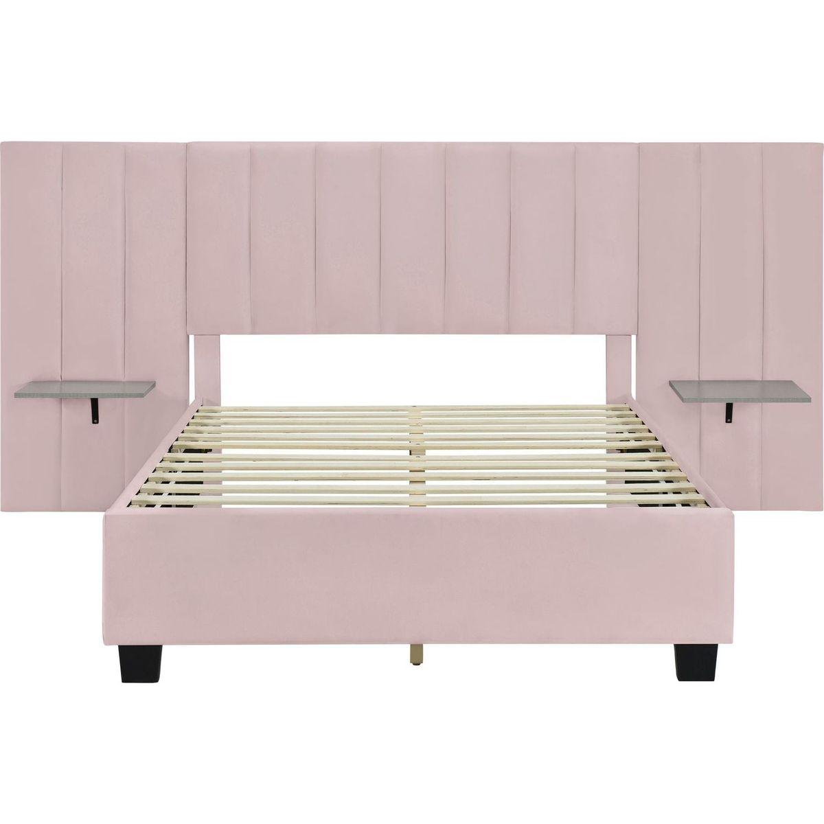 Full Size Upholstered Platform Bed with Big Headboard, Bedroom Furniture, Velvet, Pink
