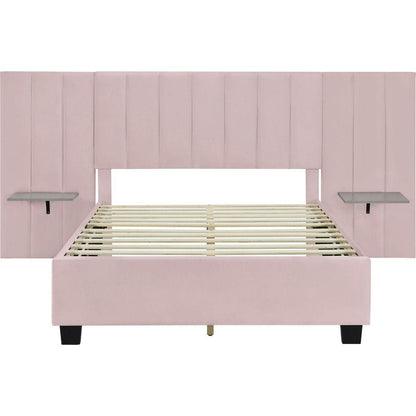 Full Size Upholstered Platform Bed with Big Headboard, Bedroom Furniture, Velvet, Pink
