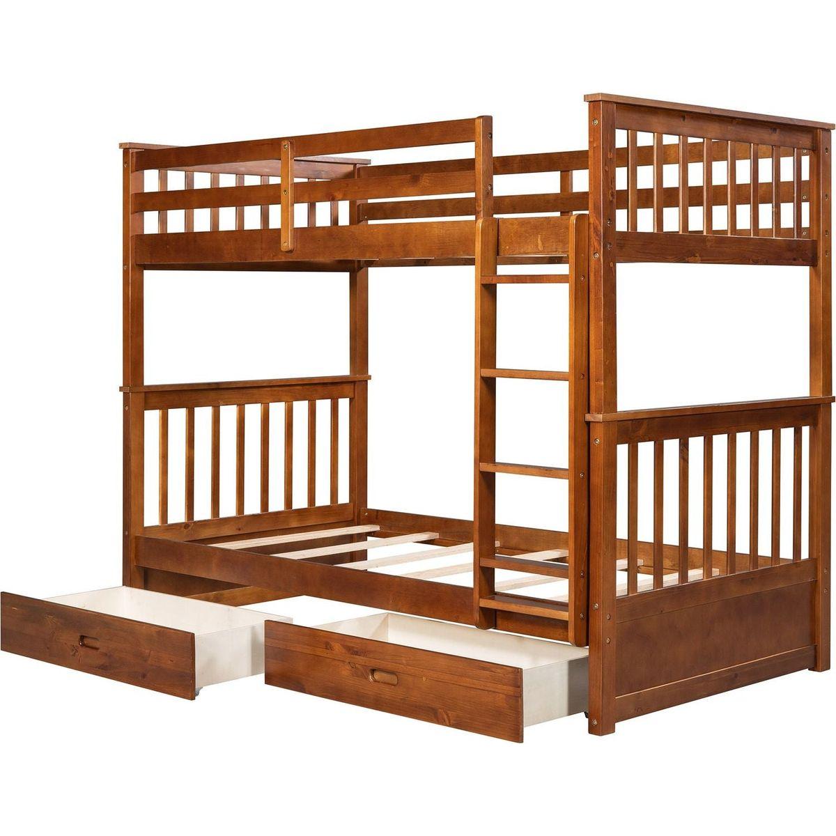 Twin-Over-Twin Bunk Bed with Ladders and Two Storage Drawers (Walnut)