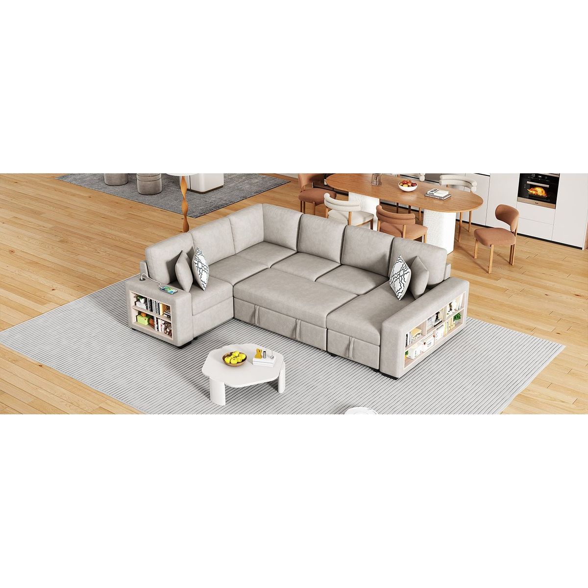 109" U-shaped Sectional Sofa Pull-out Sofa Bed with Two USB Ports, a Storage Chaise Lounge and Four Back Pillows for Living Room, Beige