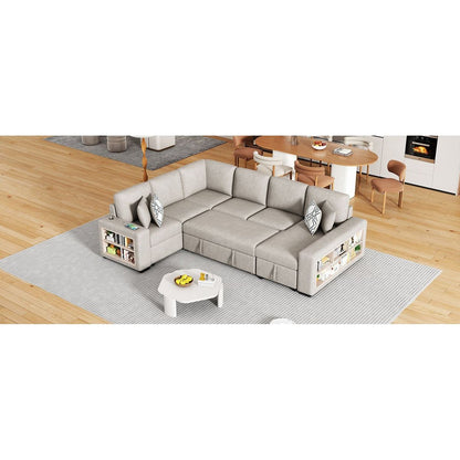 109" U-shaped Sectional Sofa Pull-out Sofa Bed with Two USB Ports, a Storage Chaise Lounge and Four Back Pillows for Living Room, Beige