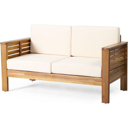 Teak Acacia Wood Loveseat and Coffee Table Set with Cream Cushions