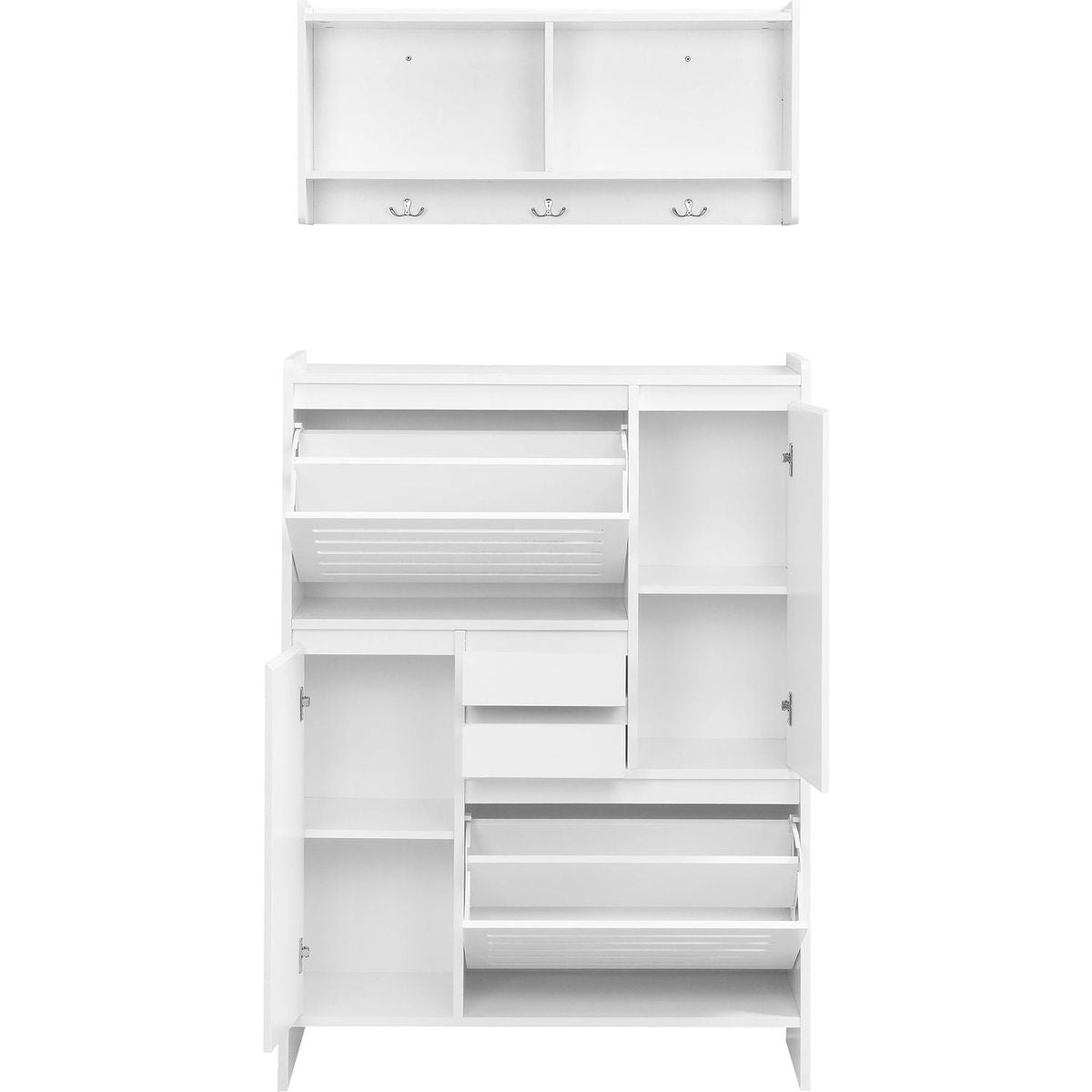 Multi-Functional Shoe Cabinet with Wall Cabinet, Space-saving Design Foyer Cabinet with 2 Flip Drawers, Versatile Side Cabinet for Hallway, White