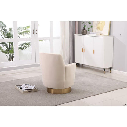 Velvet Swivel Barrel Chair, Swivel Accent Chairs Armchair for Living Room, Reading Chairs for Bedroom Comfy, Round Barrel Chairs with Gold Stainless Steel Base (Beige)