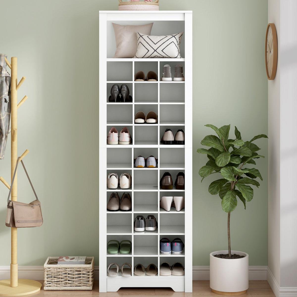 Stylish Design 30 Shoe Cubby Console, Contemporary Shoe Cabinet with Multiple Storage Capacity, Free Standing Tall Cabinet with Versatile Use for Hallway, Bedroom, White