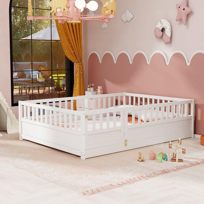 Full size Floor bed, integral construction with super high security barrier, door, children's floor bed frame, Montessori wooden children's floor bed, white - Streamdale Furniture