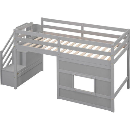 Twin Size Loft Bed with Storage Staircase and Window, Gray