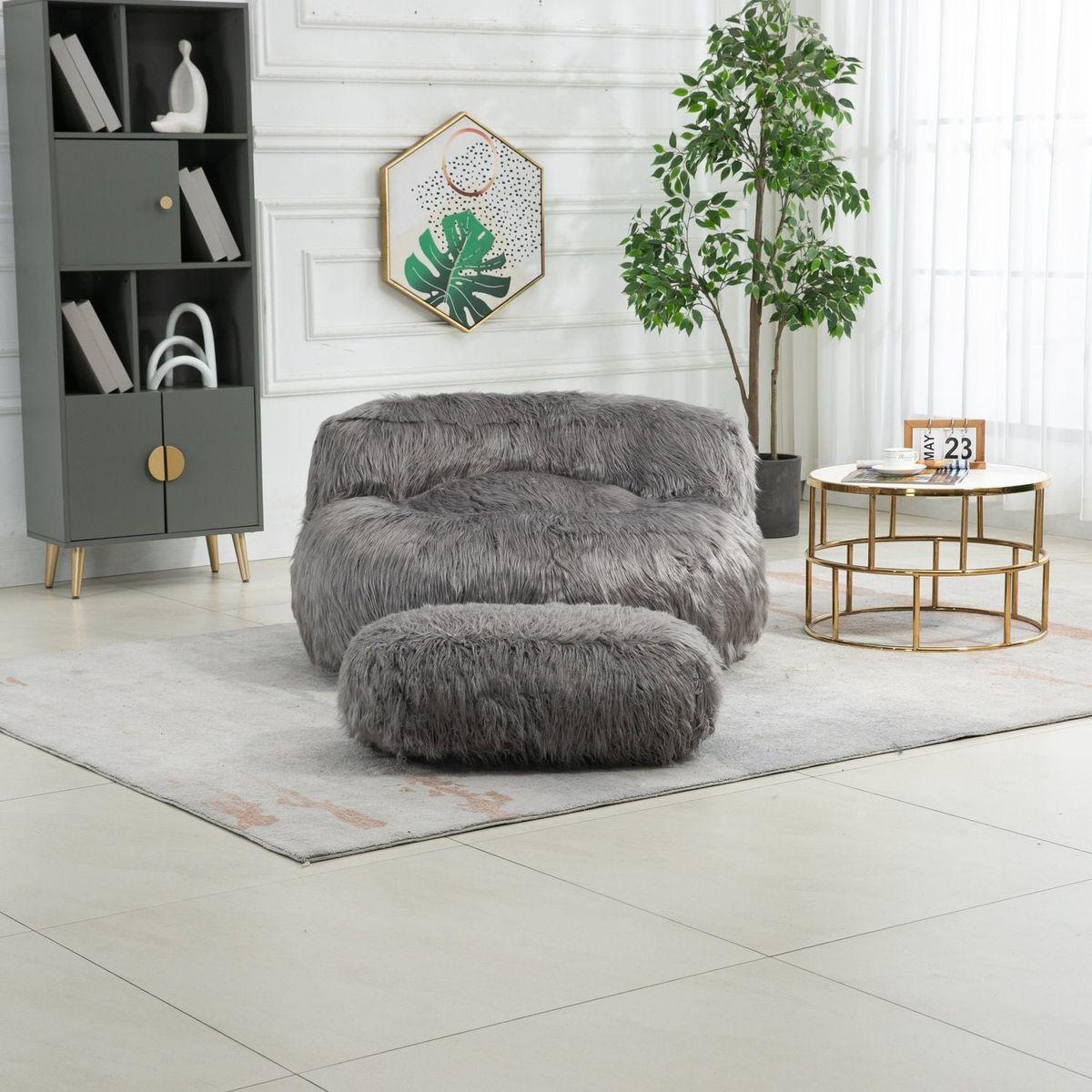 Bean Bag Chair Faux fur Lazy Sofa /Footstool Durable Comfort Lounger High Back Bean Bag Chair Couch for Adults and Kids, Indoor