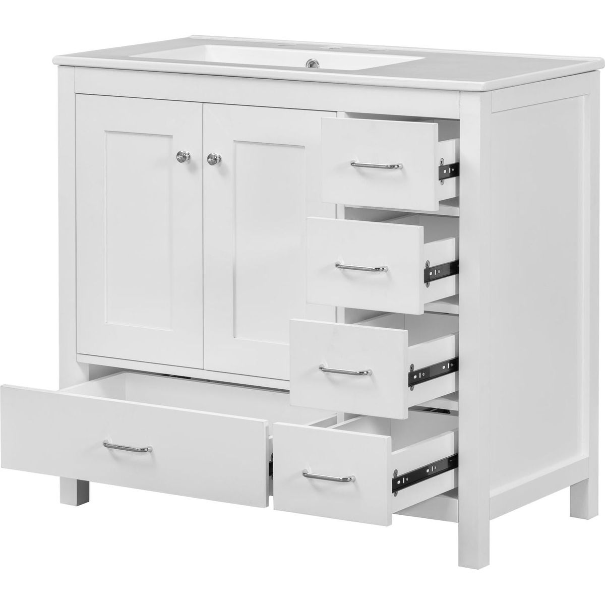 36" White Bathroom Vanity with Ceramic Sink Combo, Abundant Storage Cabinet -2 Soft-close doors and 5 drawers