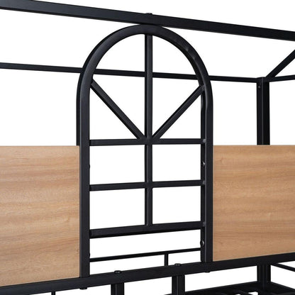 Twin Over Twin Metal Bunk Bed, Metal Housebed With Slide,Three Colors Available.(Black with Black Slide)