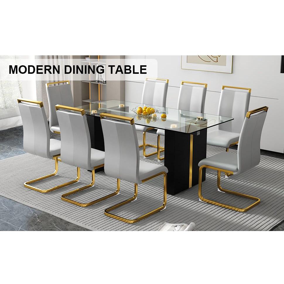 Table and chair set, large modern minimalist rectangular glass table, can accommodate 6-8 people, equipped with tempered glass tabletop and large MDF table legs, comfortable and minimalist chairs.