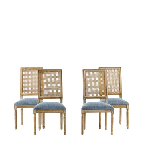 French Country Dining Chairs Set of 4 - Elegant Cane Backrest & Upholstered Seats - Rustic Weathered Finish - Solid Rubberwood Frame
