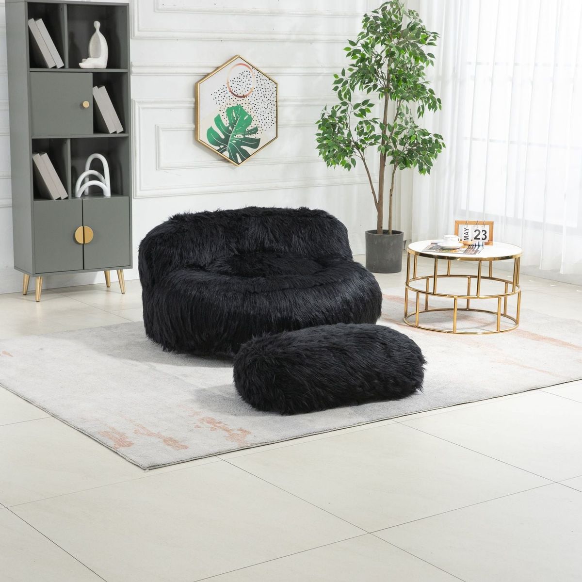 Bean Bag Chair Faux fur Lazy Sofa /Footstool Durable Comfort Lounger High Back Bean Bag Chair Couch for Adults and Kids, Indoor