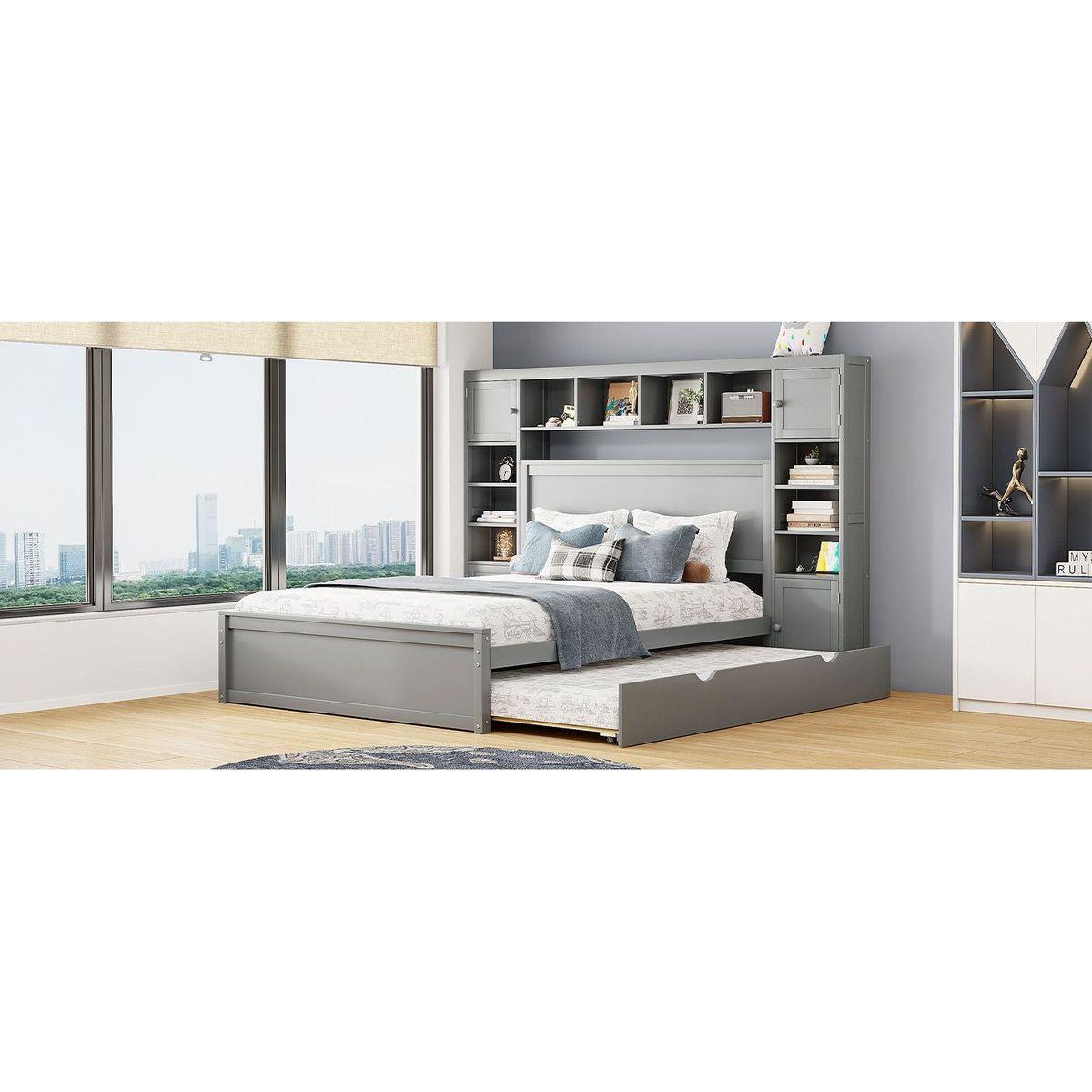 Queen Size Wooden Bed With All-in-One Cabinet, Shelf and Sockets, Gray