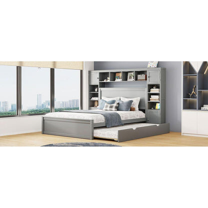 Queen Size Wooden Bed With All-in-One Cabinet, Shelf and Sockets, Gray