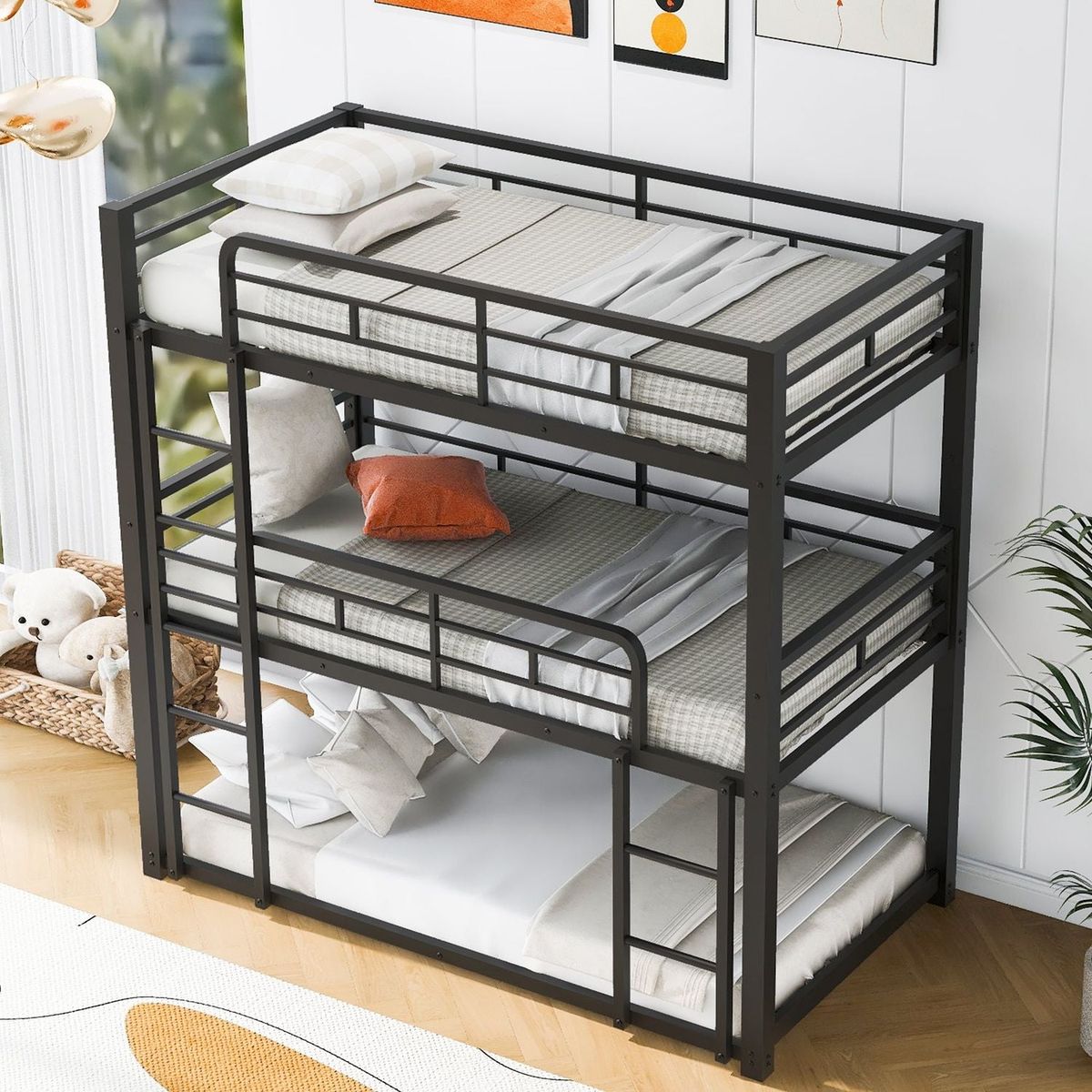 Metal Twin Size Triple Bunk Bed, Black - Streamdale Furniture