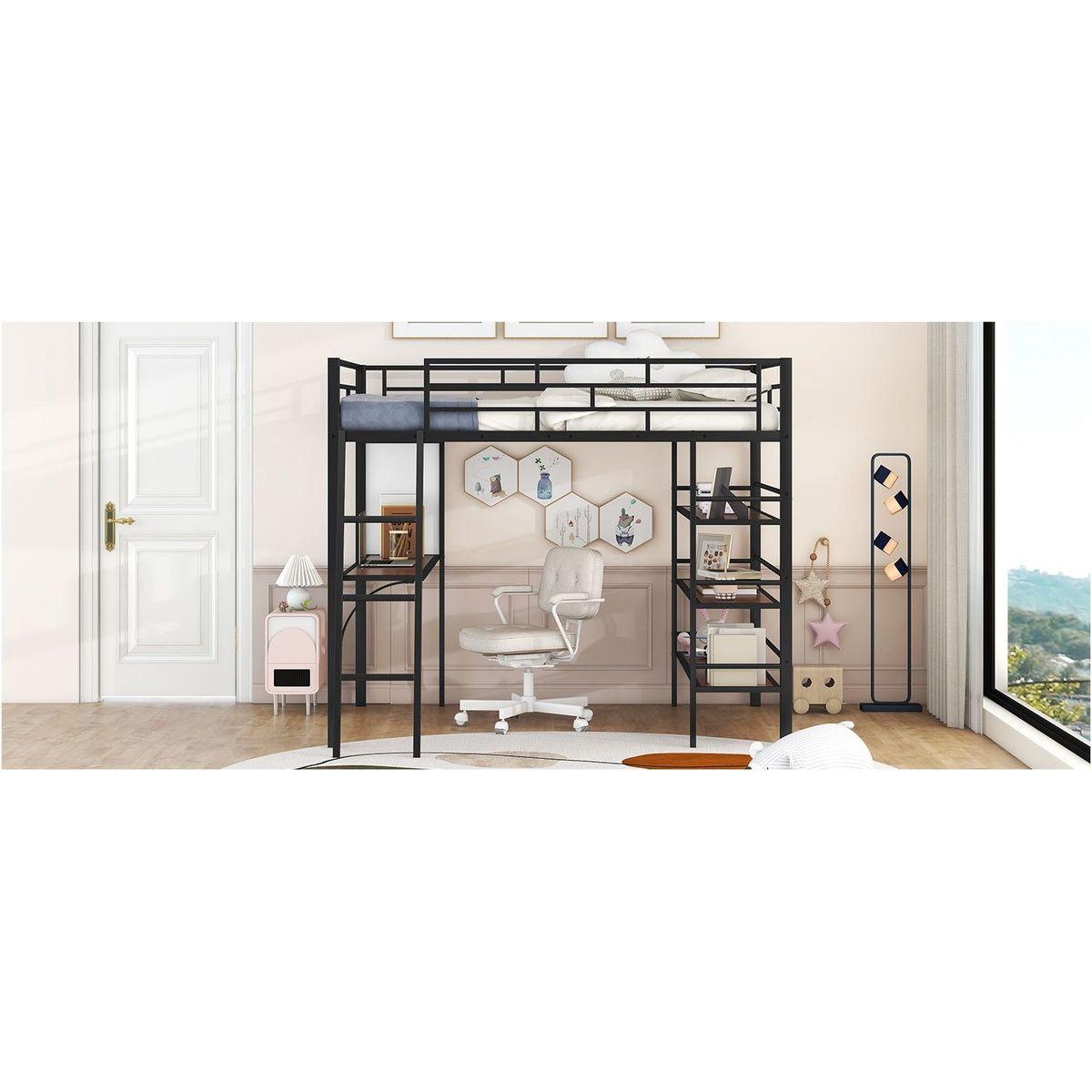 Full Size Loft Metal Bed with 3 Layers of Shelves and Desk, Stylish Metal Frame Bed with Whiteboard, Black
