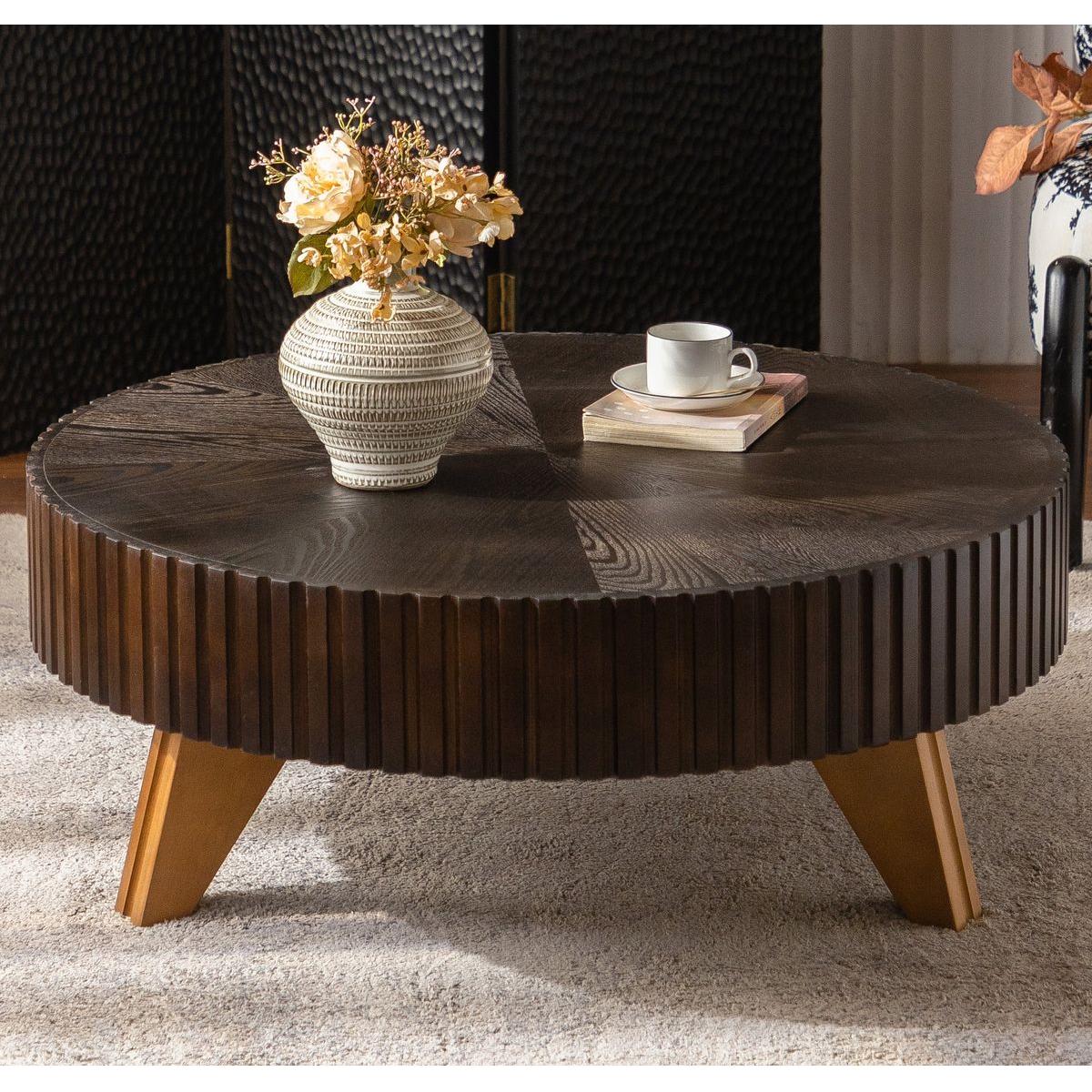 35.4 'Round Retro Coffee Table, Coffee Table Suitable For Coffee and Home Decor, Brown