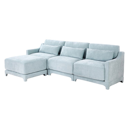 Sky Blue Three-Seater Chenille Sofa with Movable Ottomans, High-Resilience Sponge, Easy Install