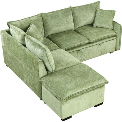 82.67"Convertible Sofa Bed Sectional Sofa Sleeper L-shaped Sofa with a Storage Ottoman,Two Pillows, Two Power Sockets and Two USB Ports for Living Room, Green