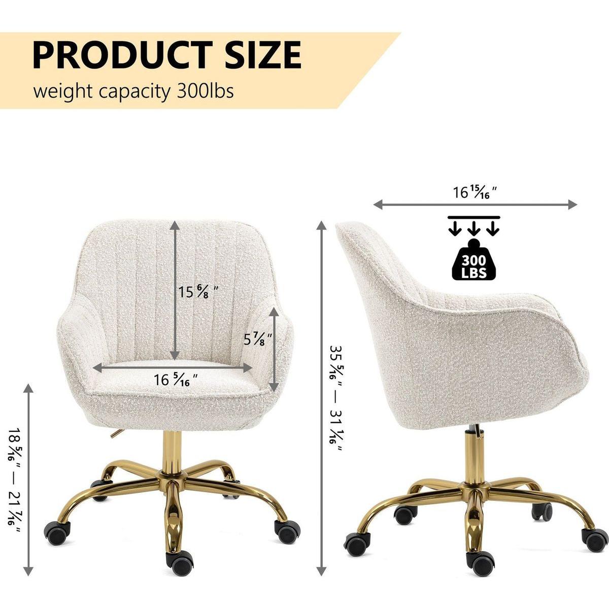 360 Beige Boucle Fabric Swivel Chair With High Back, Adjustable Working Chair With Golden Color Base