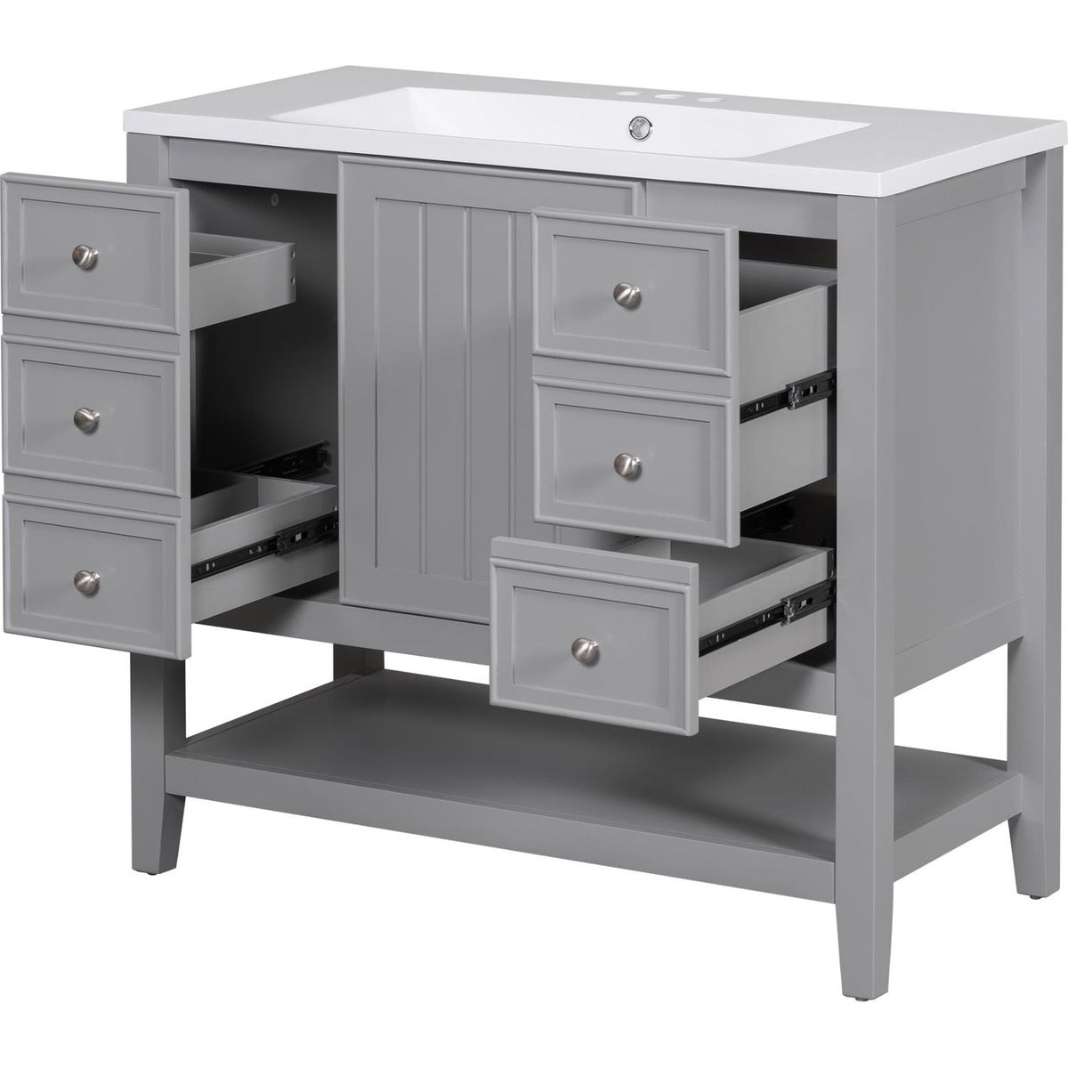 36" Bathroom Vanity with Sink Combo, One Cabinet and Three Drawers, Solid Wood and MDF Board, Grey