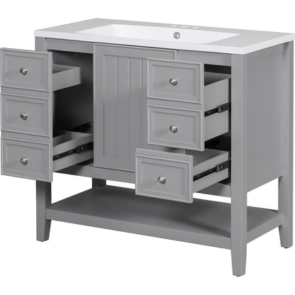 36" Bathroom Vanity with Sink Combo, One Cabinet and Three Drawers, Solid Wood and MDF Board, Grey