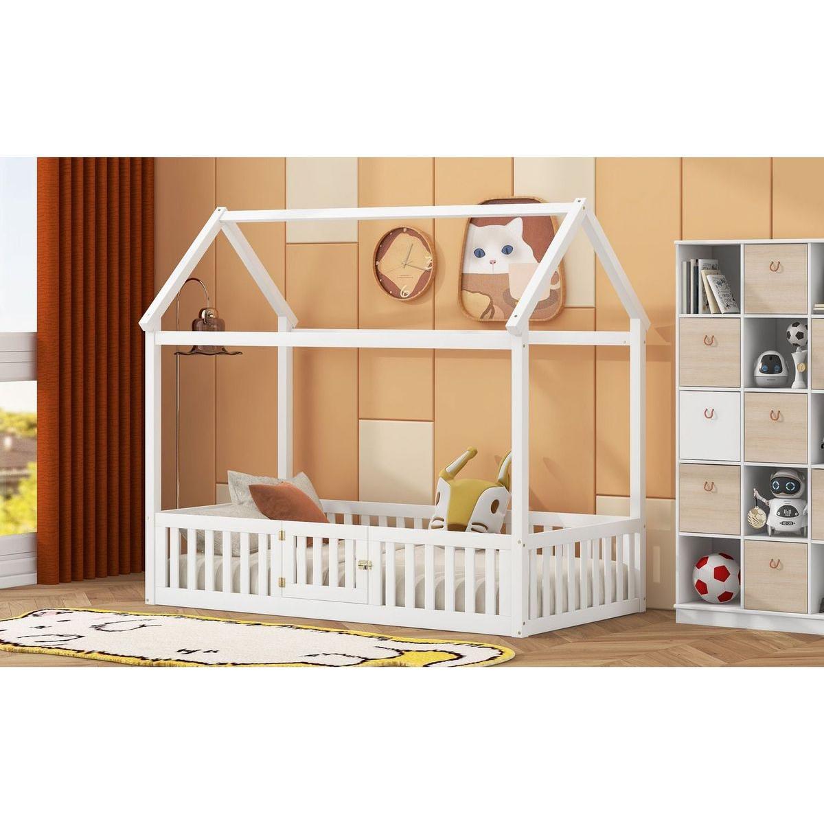 Twin Size Wood House Bed with Fence and Door, White