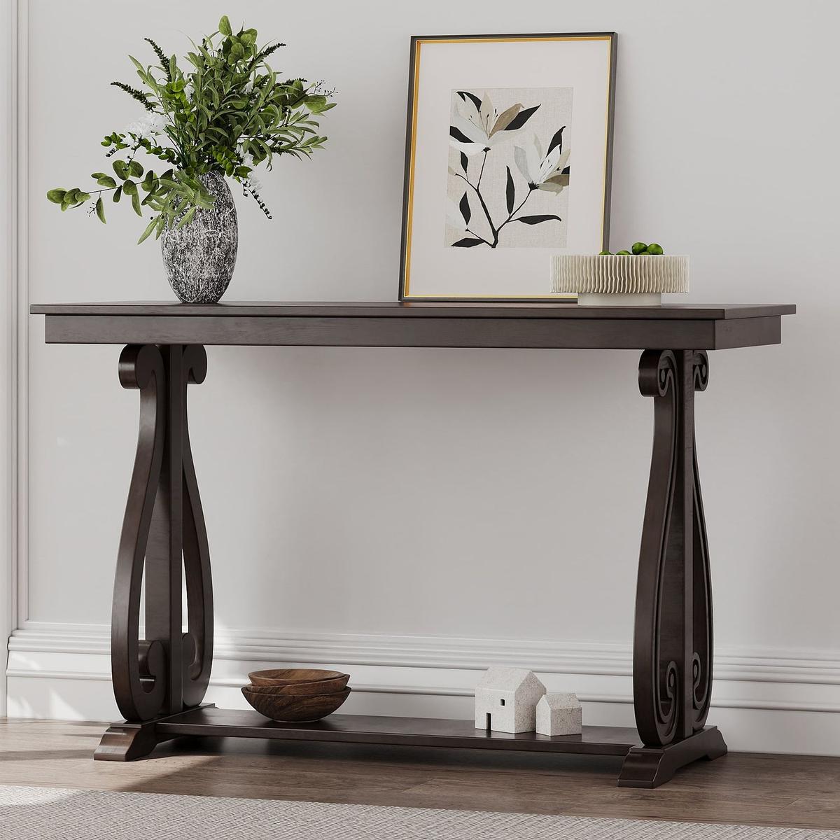 48-Inch Rustic Vintage Console Table --- Farmhouse Style Entryway Table with Open Shelf and Sturdy Construction for Entryway and Living Room (Espresso)