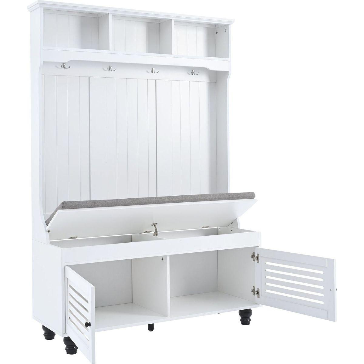 5-in-1 Entryway Bench with Shutter-shaped doors, Coat Rack, Cushion and 4 Sturdy Hooks, 47.2" Wide Hall Tree with Storage Bench for Hallway, Entryway, Living Room