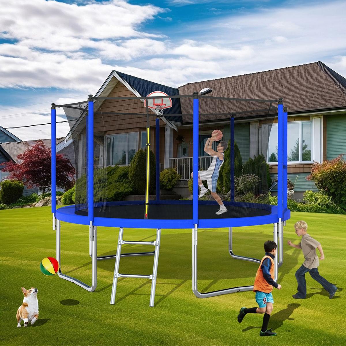 12FT Trampoline for Kids & Adults with Basketball Hoop and Ball, Recreational Trampolines with Safety Enclosure for Back Yard Outdoor