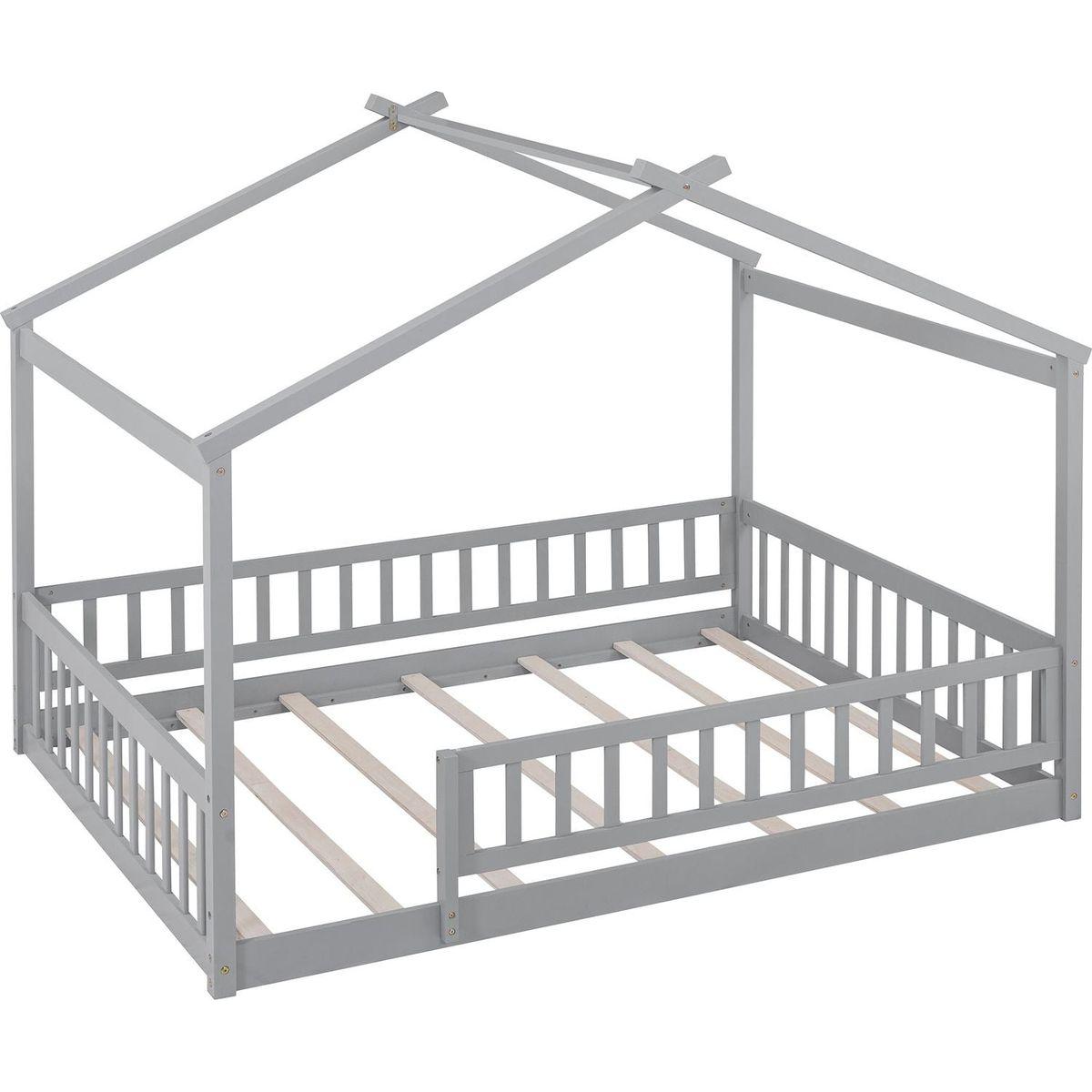 Full Size Wood Bed House Bed Frame with Fence, for Kids, Teens, Girls, Boys,Gray