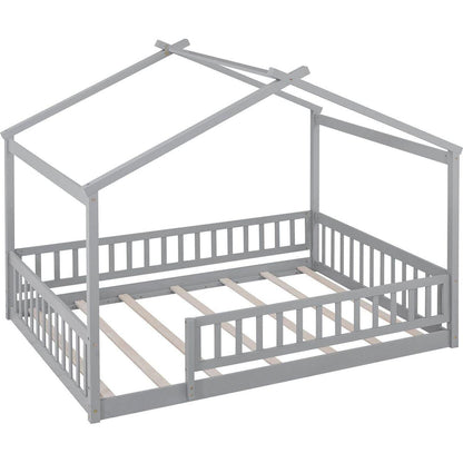 Full Size Wood Bed House Bed Frame with Fence, for Kids, Teens, Girls, Boys,Gray