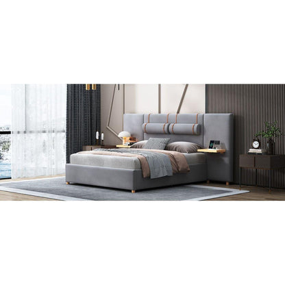 Queen Upholstered Platform Bed, Two Outlets and USB Charging Ports on Both Sides, Two Bedside Pillows, Storage Shelves, Velvet,Gray